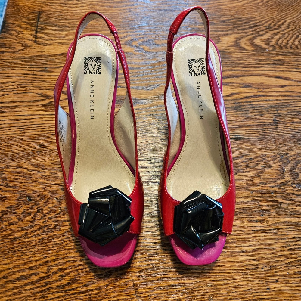 Anne Klein YELORA3 Red Pink Colorblock Bow Peep Toe Slingback‎ Heels Mens 7M